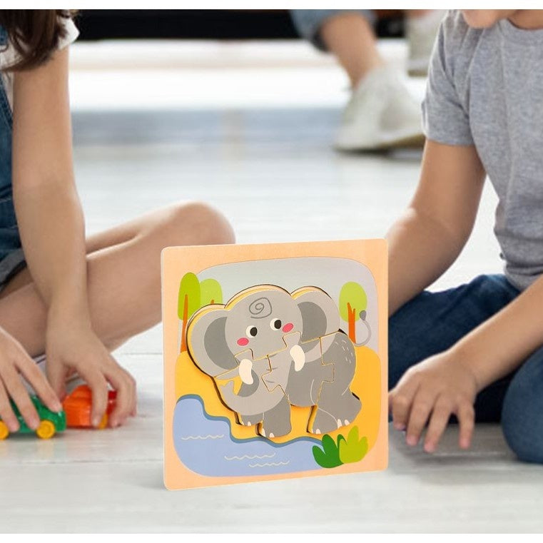 Puzzle Montessori din Lemn pentru Copii, 3D, 0-3 Ani, Model Elefant, Educativ, Intuitiv, Creativ, 4 Piese, 15x15x0.5 cm, Multicolor