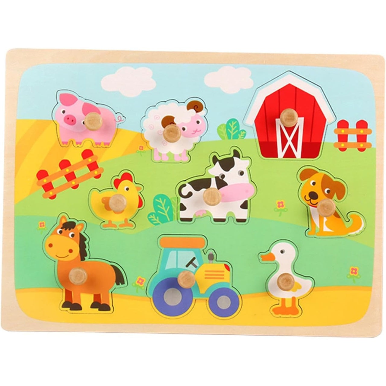 Puzzle Montessori din Lemn pentru Copii, 3D, 0-3 Ani, Model Ferma, Educativ, Intuitiv, Creativ, 9 Piese, 30x22.5x0.8 cm, Multicolor