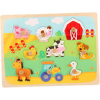 Puzzle Montessori din Lemn pentru Copii, 3D, 0-3 Ani, Model Ferma, Educativ, Intuitiv, Creativ, 9 Piese, 30x22.5x0.8 cm, Multicolor