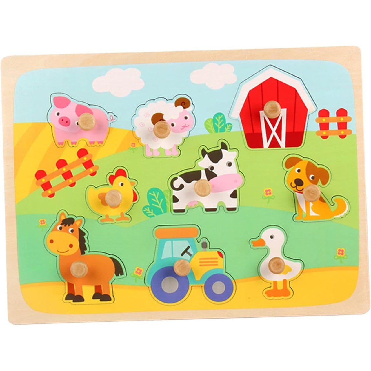 Puzzle Montessori din Lemn pentru Copii, 3D, 0-3 Ani, Model Ferma, Educativ, Intuitiv, Creativ, 9 Piese, 30x22.5x0.8 cm, Multicolor