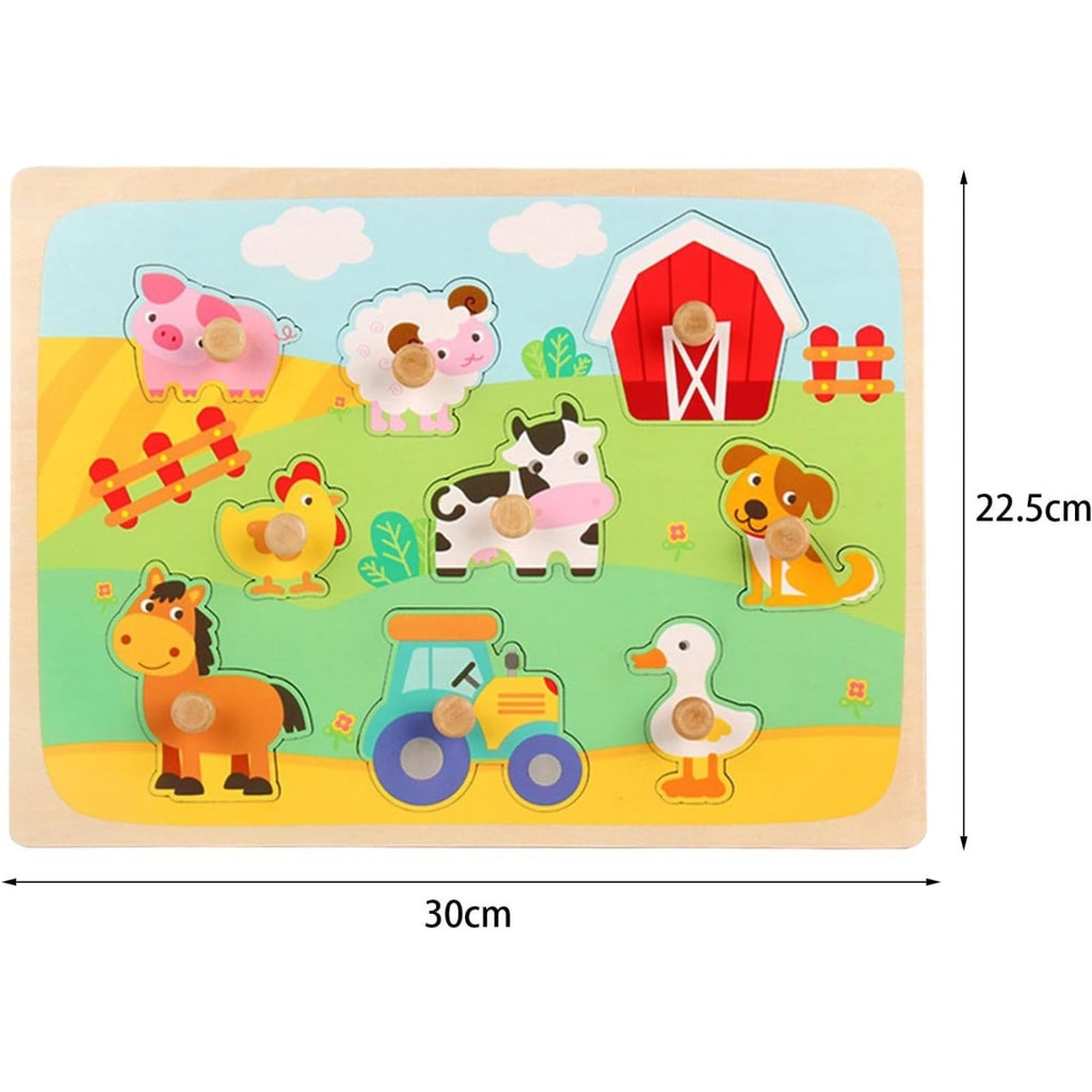 Puzzle Montessori din Lemn pentru Copii, 3D, 0-3 Ani, Model Ferma, Educativ, Intuitiv, Creativ, 9 Piese, 30x22.5x0.8 cm, Multicolor