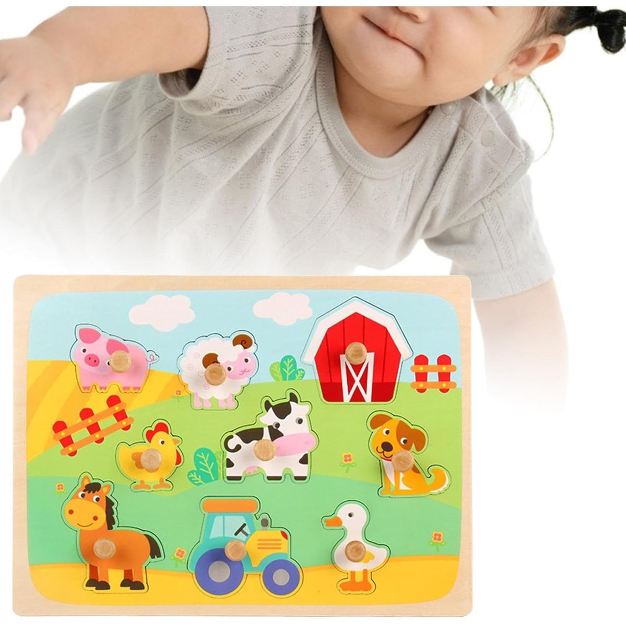 Puzzle Montessori din Lemn pentru Copii, 3D, 0-3 Ani, Model Ferma, Educativ, Intuitiv, Creativ, 9 Piese, 30x22.5x0.8 cm, Multicolor