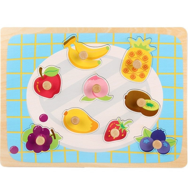 Puzzle Montessori din Lemn pentru Copii, 3D, 0-3 Ani, Model Fructe, Educativ, Intuitiv, Creativ, 9 Piese, 30x22.5x0.8 cm, Multicolor