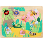 Puzzle Montessori din Lemn pentru Copii, 3D, 0-3 Ani, Model Insecte, Educativ, Intuitiv, Creativ, 9 Piese, 30x22.5x0.8 cm, Multicolor