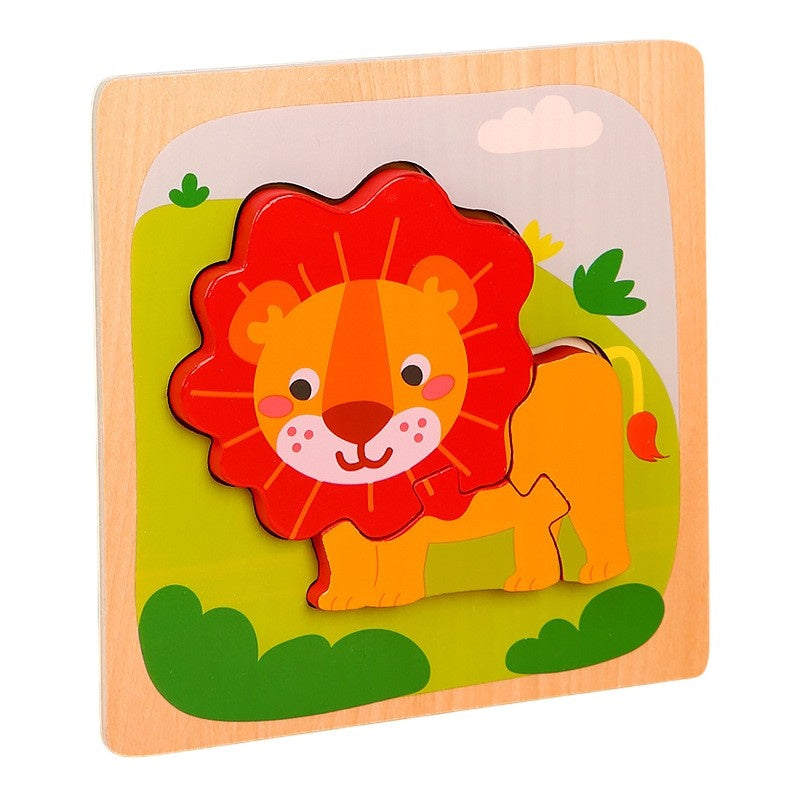 Puzzle Montessori din Lemn pentru Copii, 3D, 0-3 Ani, Model Leu, Educativ, Intuitiv, Creativ, 3 Piese, 15x15x0.5 cm, Multicolor