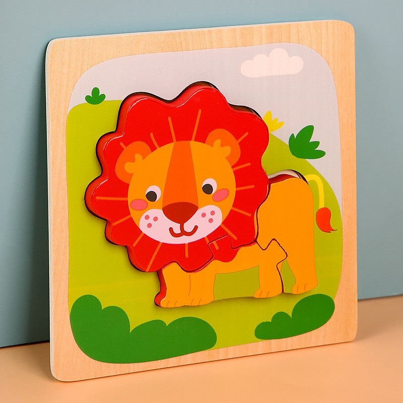 Puzzle Montessori din Lemn pentru Copii, 3D, 0-3 Ani, Model Leu, Educativ, Intuitiv, Creativ, 3 Piese, 15x15x0.5 cm, Multicolor