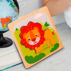 Puzzle Montessori din Lemn pentru Copii, 3D, 0-3 Ani, Model Leu, Educativ, Intuitiv, Creativ, 3 Piese, 15x15x0.5 cm, Multicolor