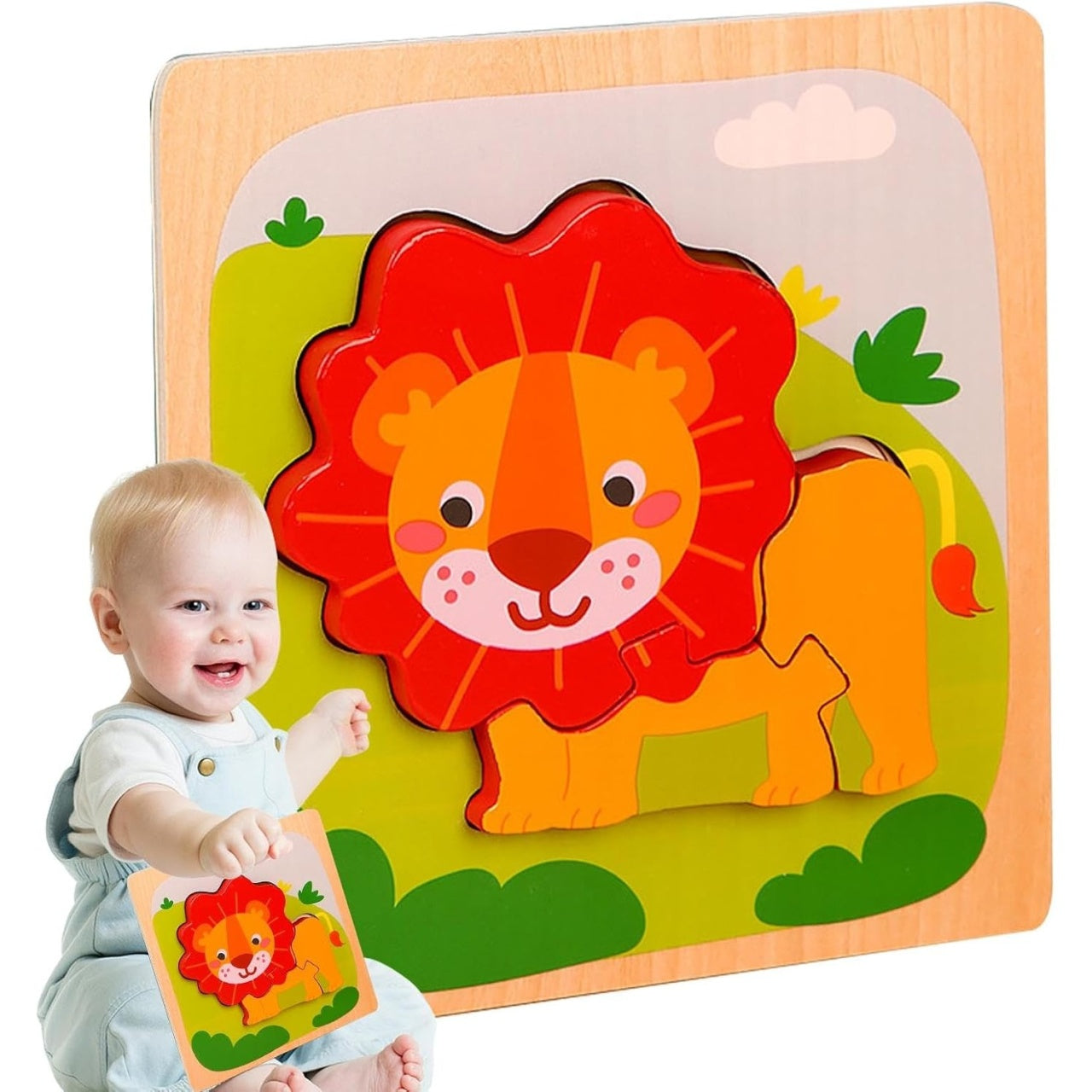 Puzzle Montessori din Lemn pentru Copii, 3D, 0-3 Ani, Model Leu, Educativ, Intuitiv, Creativ, 3 Piese, 15x15x0.5 cm, Multicolor