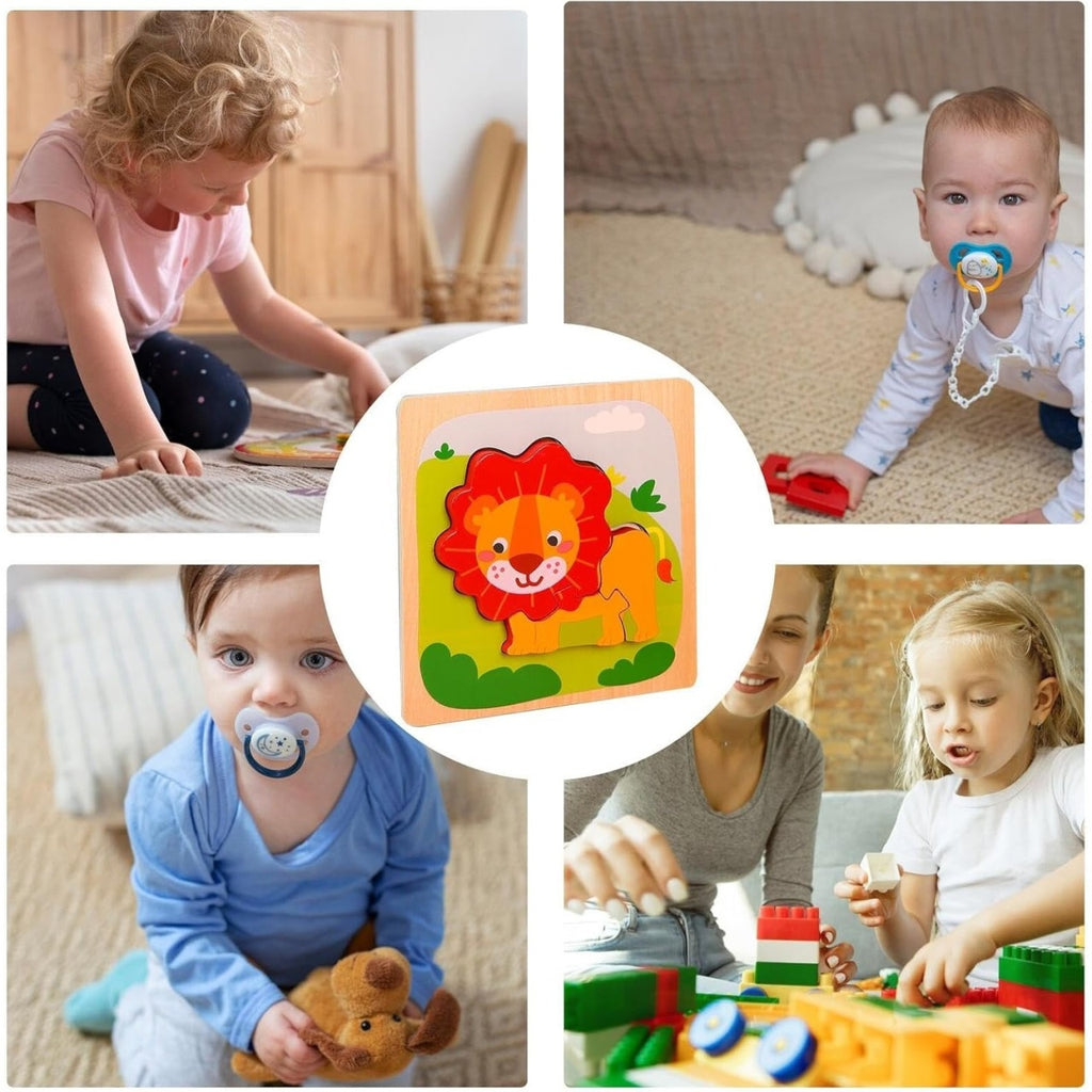 Puzzle Montessori din Lemn pentru Copii, 3D, 0-3 Ani, Model Leu, Educativ, Intuitiv, Creativ, 3 Piese, 15x15x0.5 cm, Multicolor