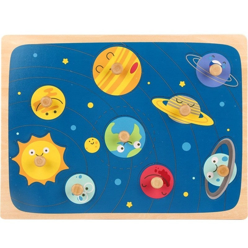 Puzzle Montessori din Lemn pentru Copii, 3D, 0-3 Ani, Model Sistemul Solar, Educativ, Intuitiv, Creativ, 9 Piese, 30x22.5x0.8 cm, Multicolor