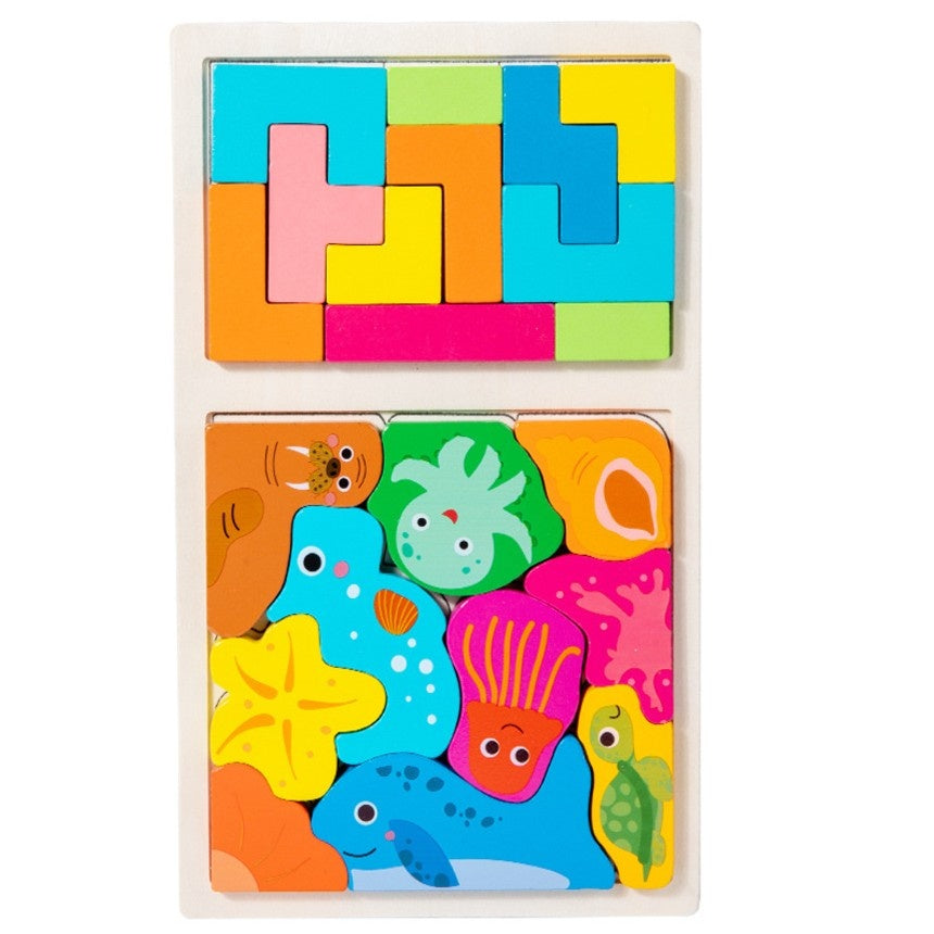Puzzle Montessori din Lemn pentru Copii, Tip Tetris 2in1 +3 Ani, cu Animale Marine Colorate 3D, 21 de Piese, 28.5x17x1.2 cm, Multicolor