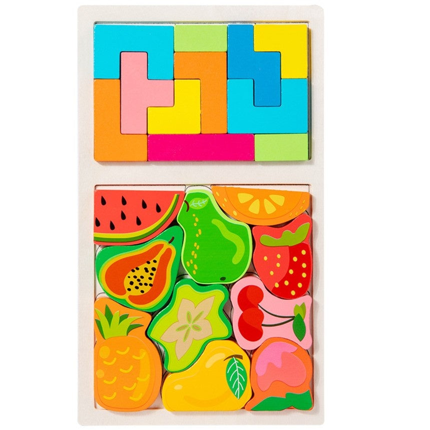 Puzzle Montessori din Lemn pentru Copii, Tip Tetris 2in1 +3 Ani, cu Fructe Colorate 3D,21 de Piese, 28.5x17x1.2 cm, Multicolor