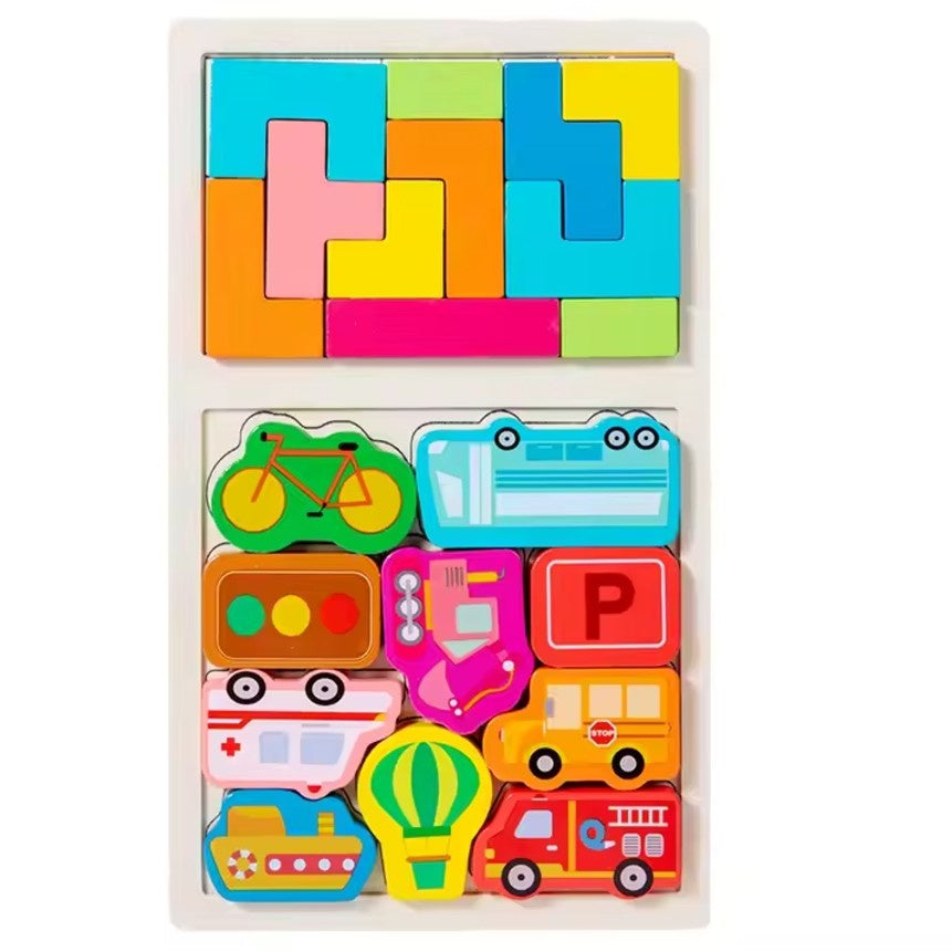 Puzzle Montessori din Lemn pentru Copii, Tip Tetris 2in1, +3 Ani, cu Masini Colorate 3D, 21 de Piese, 28.5x17x1.2 cm, Multicolor