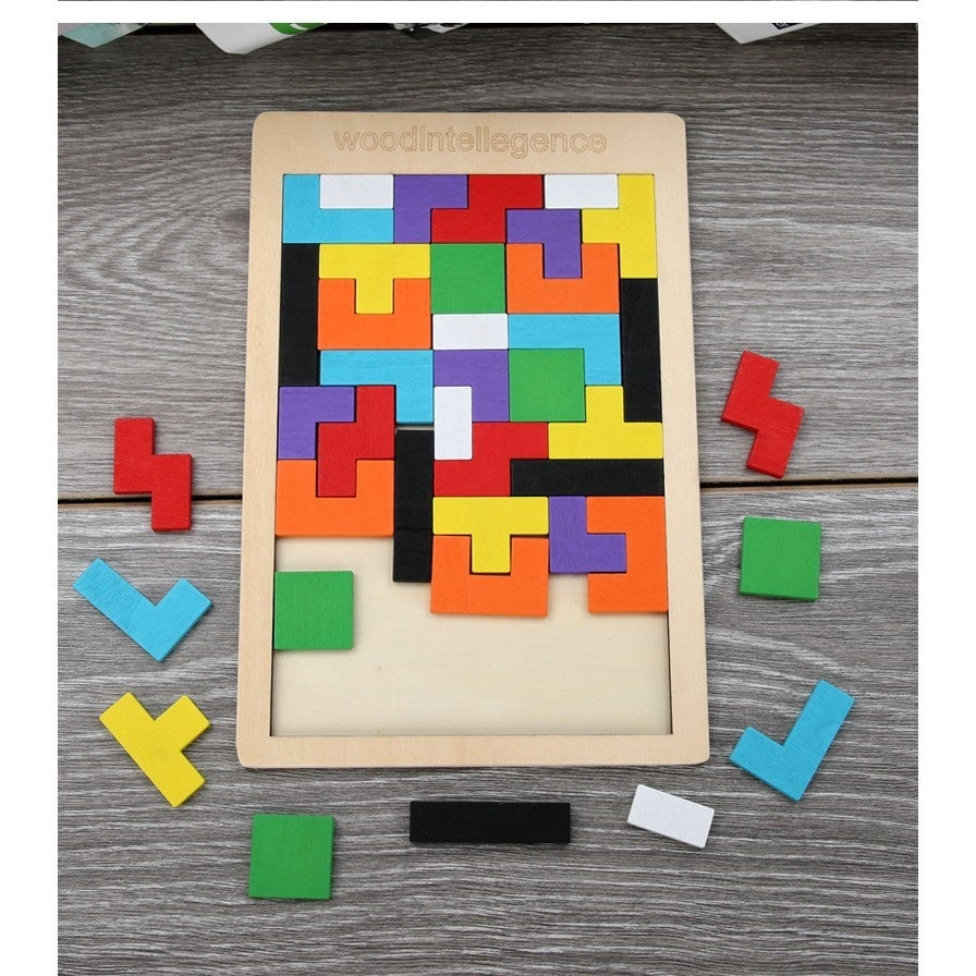 Puzzle Montessori, din Lemn, Tip Tetris, +36 Luni, Forme Neregulate, 40 Piese, 26.5 x 17.7 cm, Multicolor