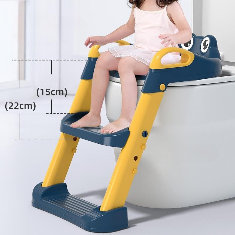 Reductor si Scaunel Inaltator WC, pentru Copii 1 - 7 Ani, 2 Trepte Reglabile, Pliabil, Colac Moale, cu Spatar si Manere, Albastru/Portocaliu