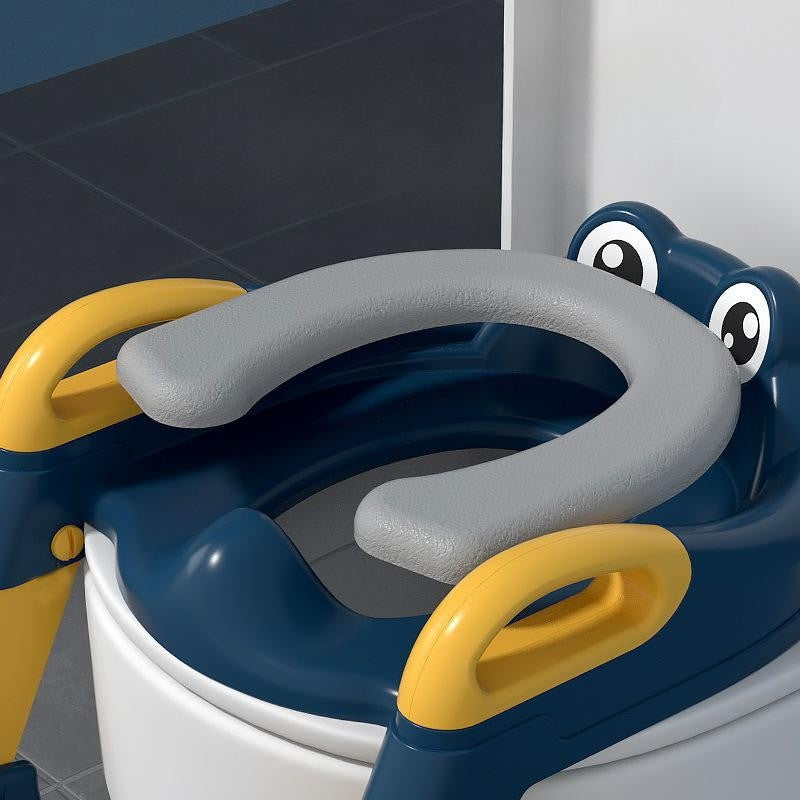 Reductor si Scaunel Inaltator WC, pentru Copii 1 - 7 Ani, 2 Trepte Reglabile, Pliabil, Colac Moale, cu Spatar si Manere, Albastru/Portocaliu