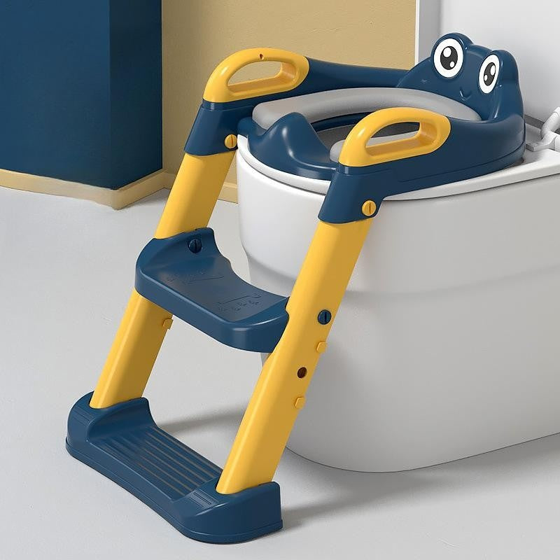 Reductor si Scaunel Inaltator WC, pentru Copii 1 - 7 Ani, 2 Trepte Reglabile, Pliabil, Colac Moale, cu Spatar si Manere, Albastru/Portocaliu