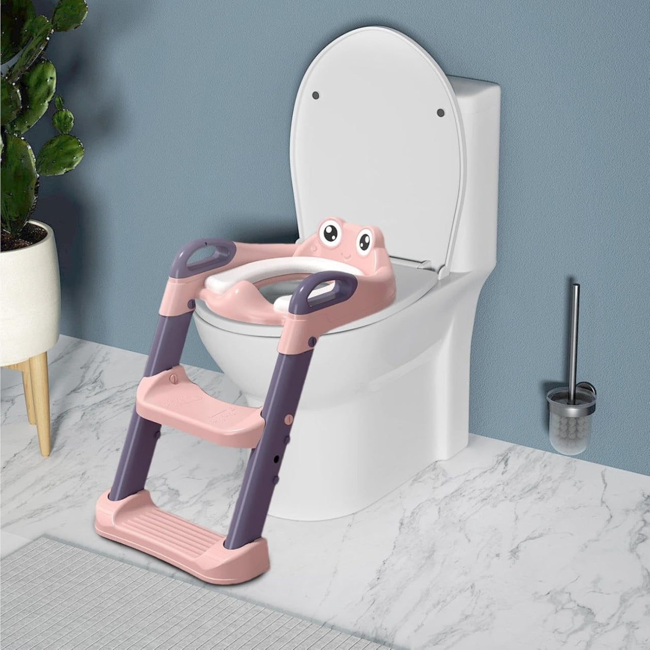 Reductor si Scaunel Inaltator WC, pentru Copii 1 - 7 Ani, 2 Trepte Reglabile, Pliabil, Colac Moale, cu Spatar si Manere, Inaltime 54/58 cm x 39.5 x 35 cm, din Plastic+PVC, Roz/Mov