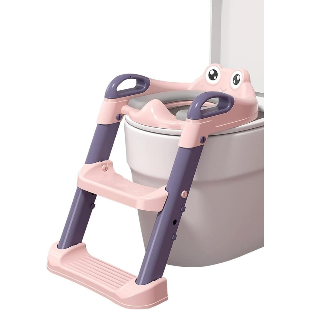 Reductor si Scaunel Inaltator WC, pentru Copii 1 - 7 Ani, 2 Trepte Reglabile, Pliabil, Colac Moale, cu Spatar si Manere, Inaltime 54/58 cm x 39.5 x 35 cm, din Plastic+PVC, Roz/Mov