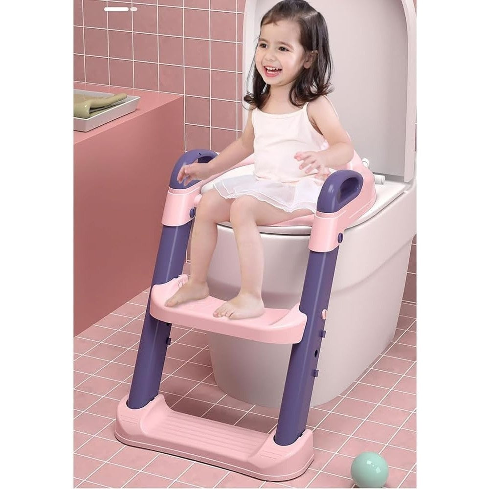 Reductor si Scaunel Inaltator WC, pentru Copii 1 - 7 Ani, 2 Trepte Reglabile, Pliabil, Colac Moale, cu Spatar si Manere, Inaltime 54/58 cm x 39.5 x 35 cm, din Plastic+PVC, Roz/Mov