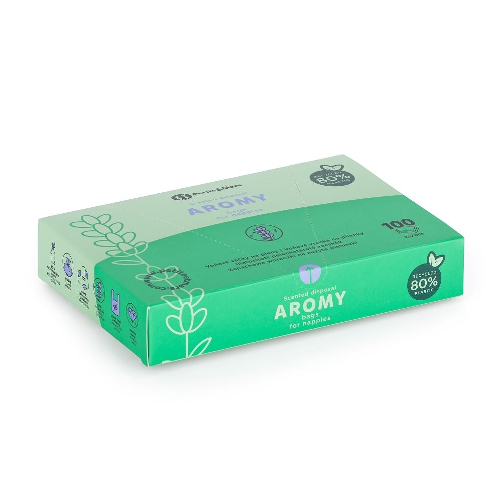 Saci parfumati, Petite&Mars, Pentru scutece, Aromy, Cu miros de lavanda, Rezistenti, Manere lungi, 100 bucati, Mov
