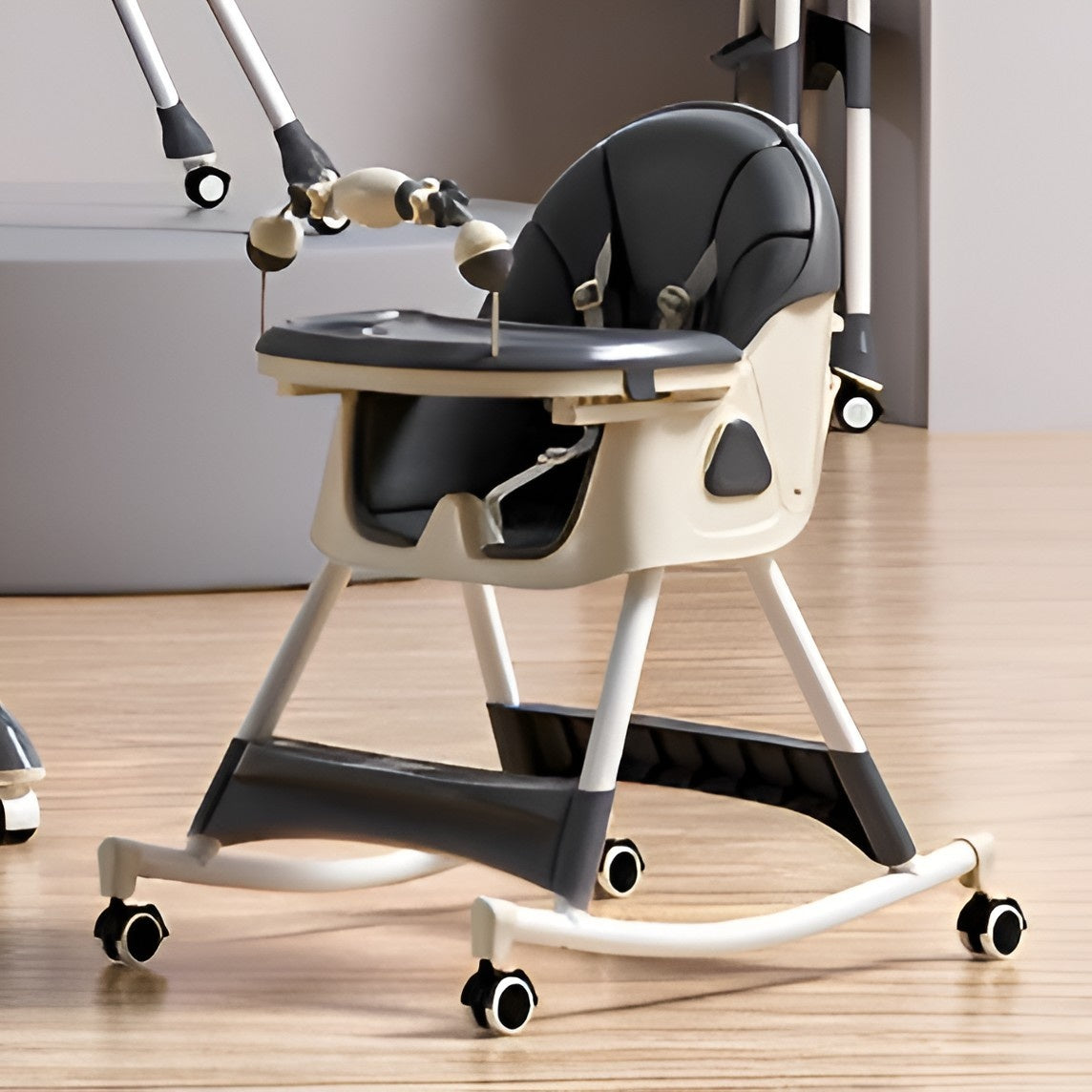 Scaun de Masa pe Roti pentru Copii, 2 Tavite si Husa Detasabile, Multifunctional, Balansoar, de la 6 Luni, Gri