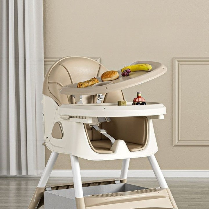 Scaun de Masa pentru Bebelusi si Copii, 2 Tavite cu Jucarii si Husa Detasabile, Multifunctional, Balansoar, de la 6 Luni, 97x73x65cm, Crem