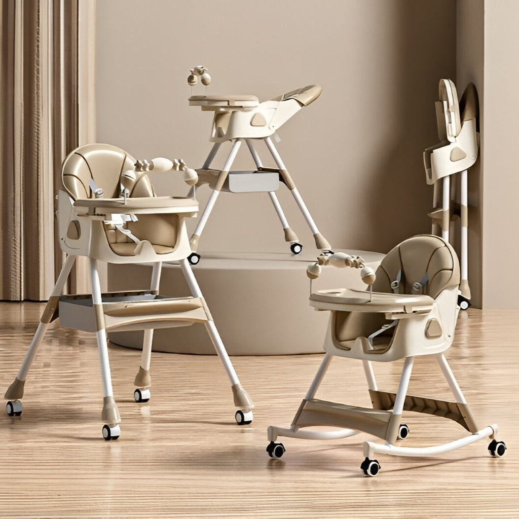 Scaun de Masa pentru Bebelusi si Copii, 2 Tavite cu Jucarii si Husa Detasabile, Multifunctional, Balansoar, de la 6 Luni, 97x73x65cm, Crem