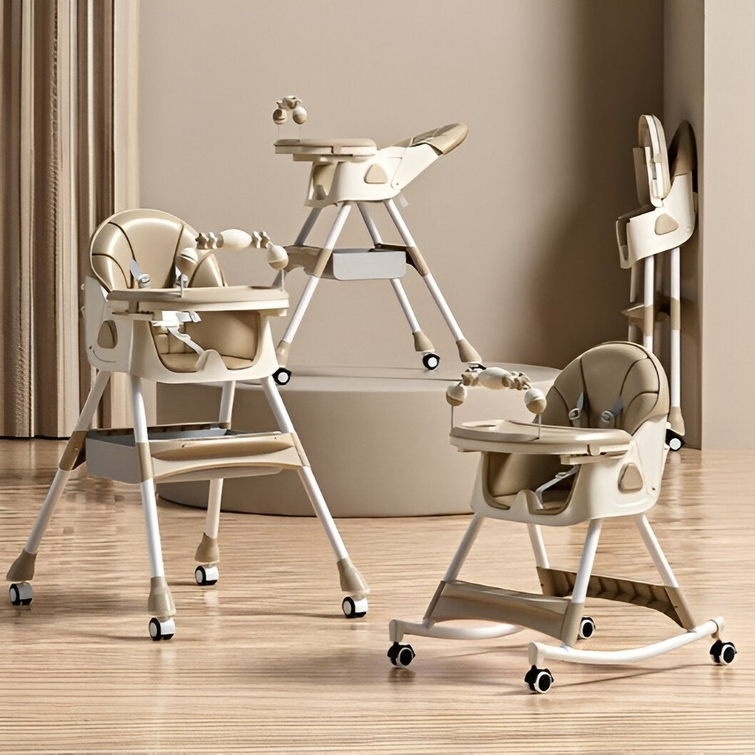 Scaun de Masa pentru Bebelusi si Copii, 2 Tavite cu Jucarii si Husa Detasabile, Multifunctional, Balansoar, de la 6 Luni, 97x73x65cm, Crem