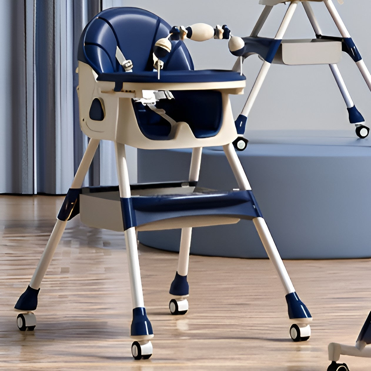 Scaun de Masa pentru Bebelusi si Copii, 2 Tavite cu Jucarii si Husa Detasabile, Multifunctional, de la 6 Luni, Albastru