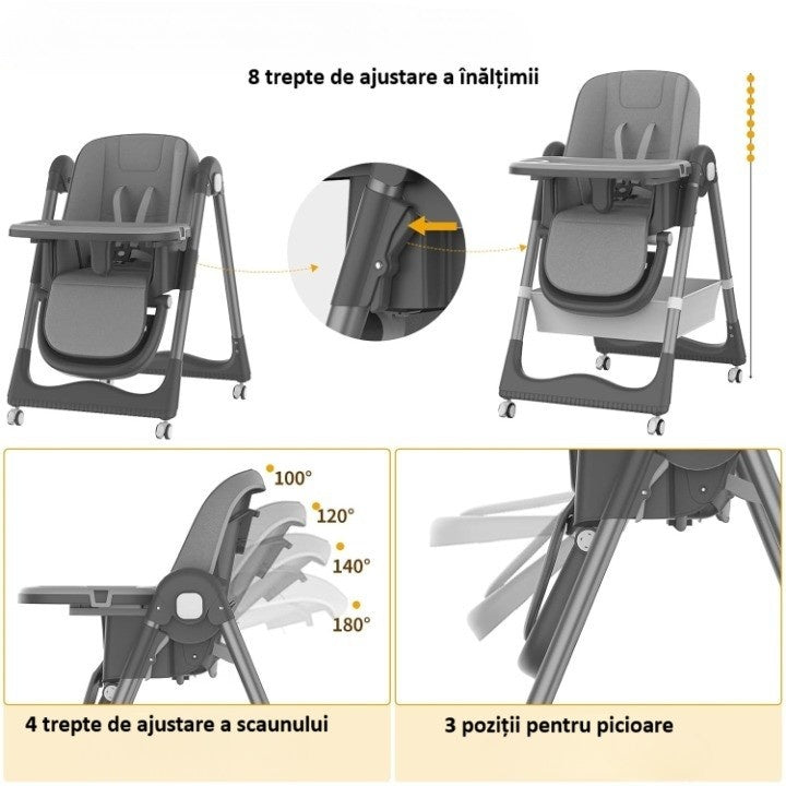 Scaun de Masa pentru Bebelusi si Copii, 2 Tavite si Husa Detasabile, Multifunctional, Stabil, Centura de Siguranta, Inaltime Ajustabila, Spatar Reglabil Moale, Cos de Depozitare, 100x50x80cm, de la 6 Luni, Gri