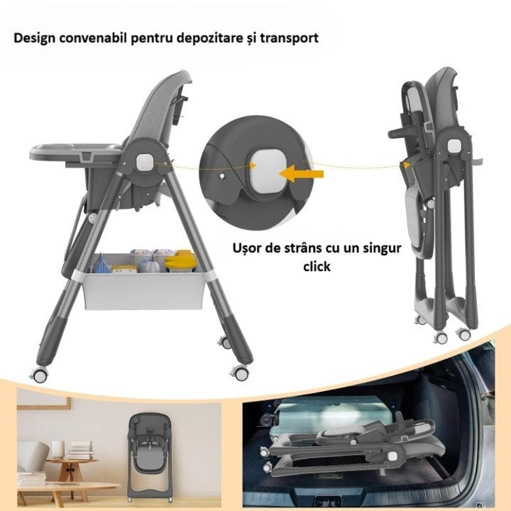 Scaun de Masa pentru Bebelusi si Copii, 2 Tavite si Husa Detasabile, Multifunctional, Stabil, Centura de Siguranta, Inaltime Ajustabila, Spatar Reglabil Moale, Cos de Depozitare, 100x50x80cm, de la 6 Luni, Gri