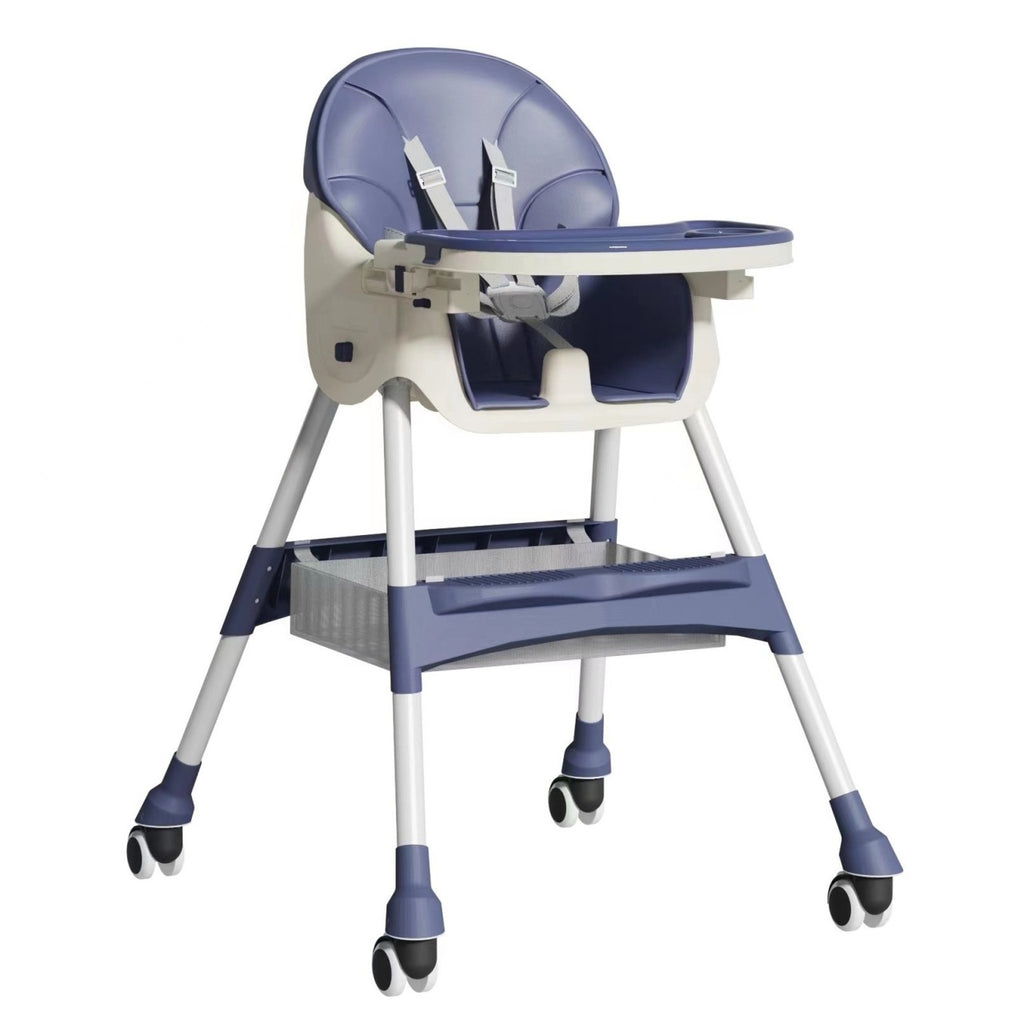 Scaun de masa pentru bebelusi si copii cu roti, telescopic, pliabil, masuta reglabila, suport picioare, scaun invelis piele artificiala, 97 x 73 x 65 cm, albastru