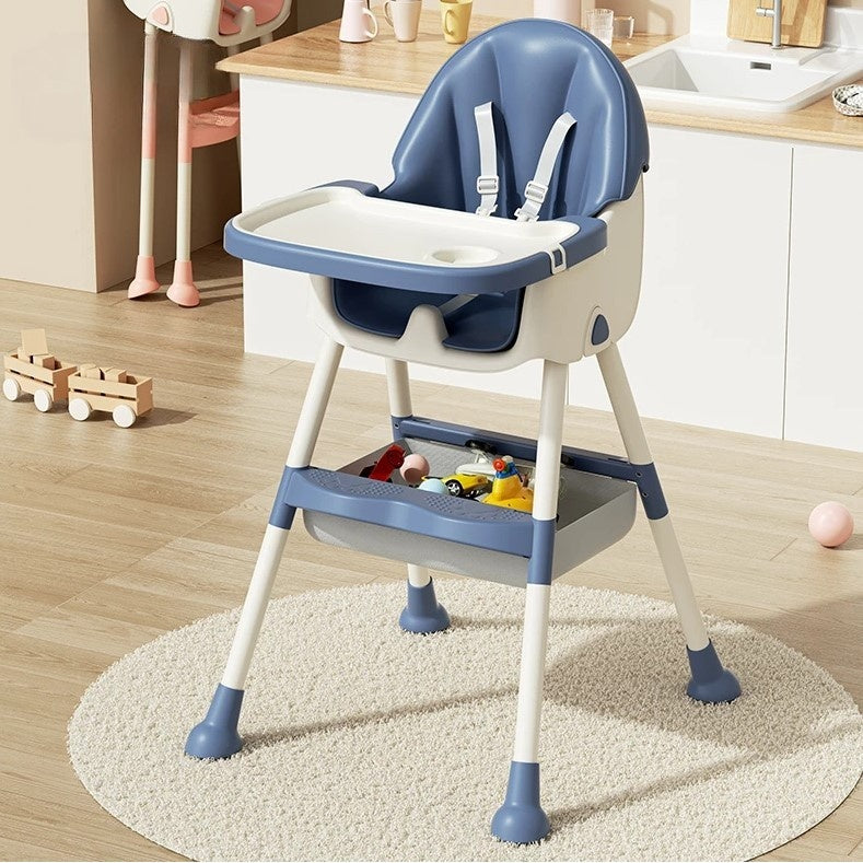 Scaun de masa pentru bebelusi si copii cu roti, telescopic, pliabil, masuta reglabila, suport picioare, scaun invelis piele artificiala, 97 x 73 x 65 cm, albastru