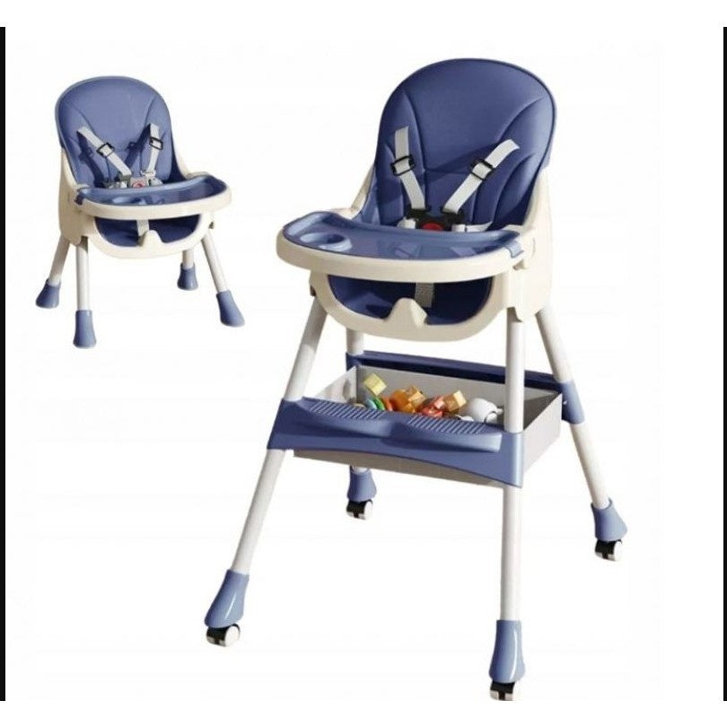 Scaun de masa pentru bebelusi si copii cu roti, telescopic, pliabil, masuta reglabila, suport picioare, scaun invelis piele artificiala, 97 x 73 x 65 cm, albastru