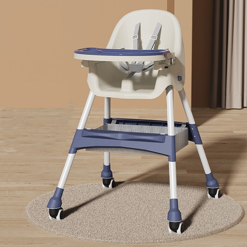 Scaun de masa pentru bebelusi si copii cu roti, telescopic, pliabil, masuta reglabila, suport picioare, scaun invelis piele artificiala, 97 x 73 x 65 cm, albastru