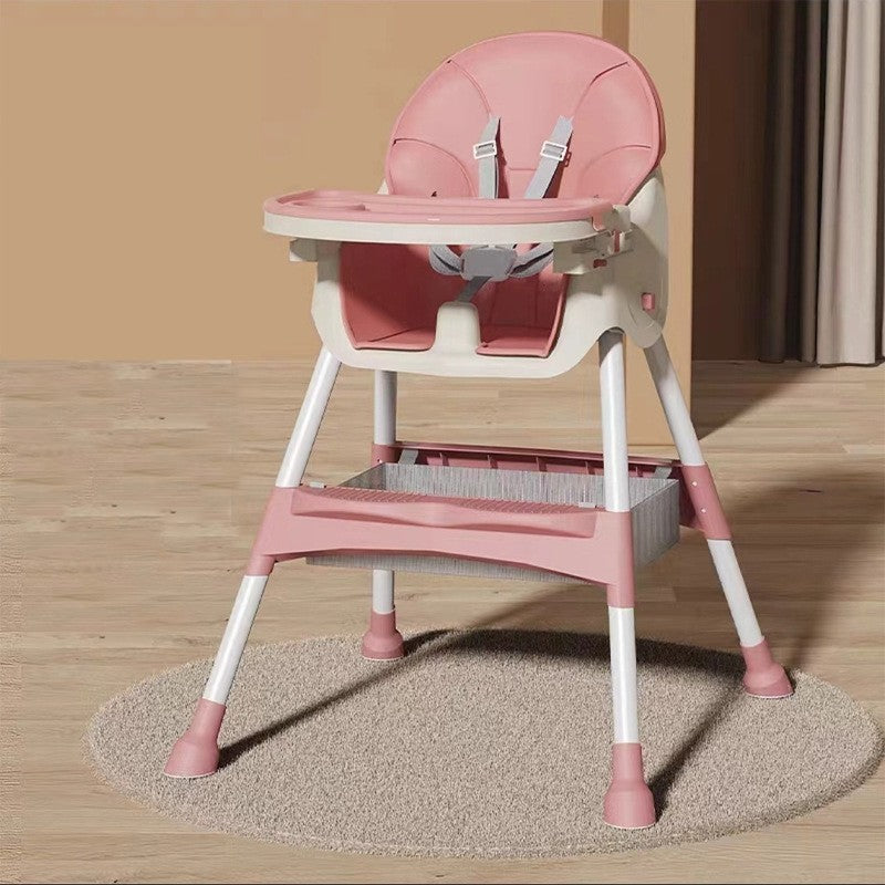 Scaun de Masa pentru Bebelusi si Copii, cu Roti, Telescopic, Pliabil, Masuta Reglabila, Suport Picioare, Scaun cu Invelis Piele Artificiala, Centura Siguranta, Spatiu Depozitare, 97x73x65 cm, Roz