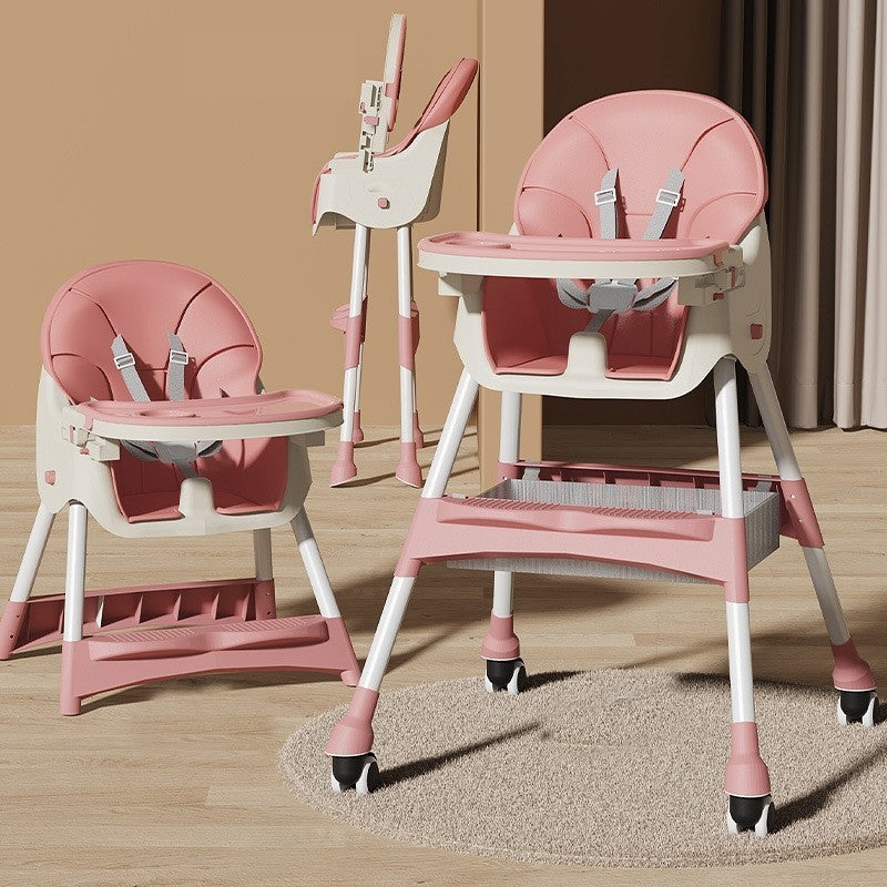 Scaun de Masa pentru Bebelusi si Copii, cu Roti, Telescopic, Pliabil, Masuta Reglabila, Suport Picioare, Scaun cu Invelis Piele Artificiala, Centura Siguranta, Spatiu Depozitare, 97x73x65 cm, Roz