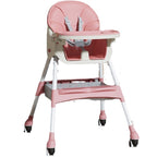 Scaun de Masa pentru Bebelusi si Copii, cu Roti, Telescopic, Pliabil, Masuta Reglabila, Suport Picioare, Scaun cu Invelis Piele Artificiala, Centura Siguranta, Spatiu Depozitare, 97x73x65 cm, Roz