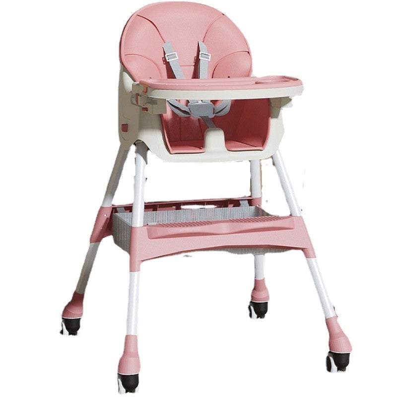 Scaun de Masa pentru Bebelusi si Copii, cu Roti, Telescopic, Pliabil, Masuta Reglabila, Suport Picioare, Scaun cu Invelis Piele Artificiala, Centura Siguranta, Spatiu Depozitare, 97x73x65 cm, Roz