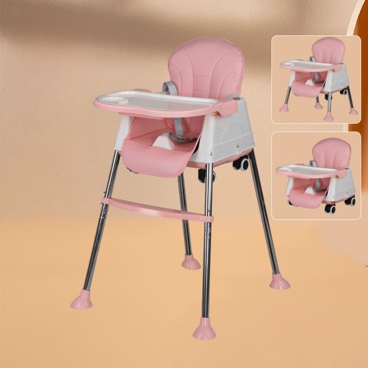 Scaun de Masa Pliabil 3in1,Reglabil, Multifunctional, 3 Pozitii, Masuta si Husa Detasabile, Roti, Centura de Siguranta, Ajustare Inaltime, Roz