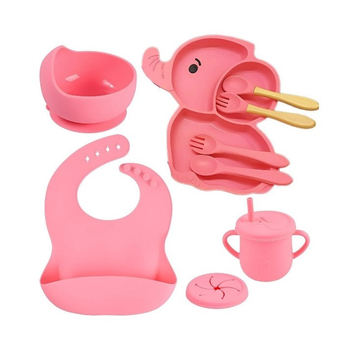 Set 10 Piese Servire Masa. pentru Bebelusi si Copii, din Silicon/Lemn, cu Ventuze Anti-alunecare, fara Alergeni. +6 Luni, Model Elefant, Roz