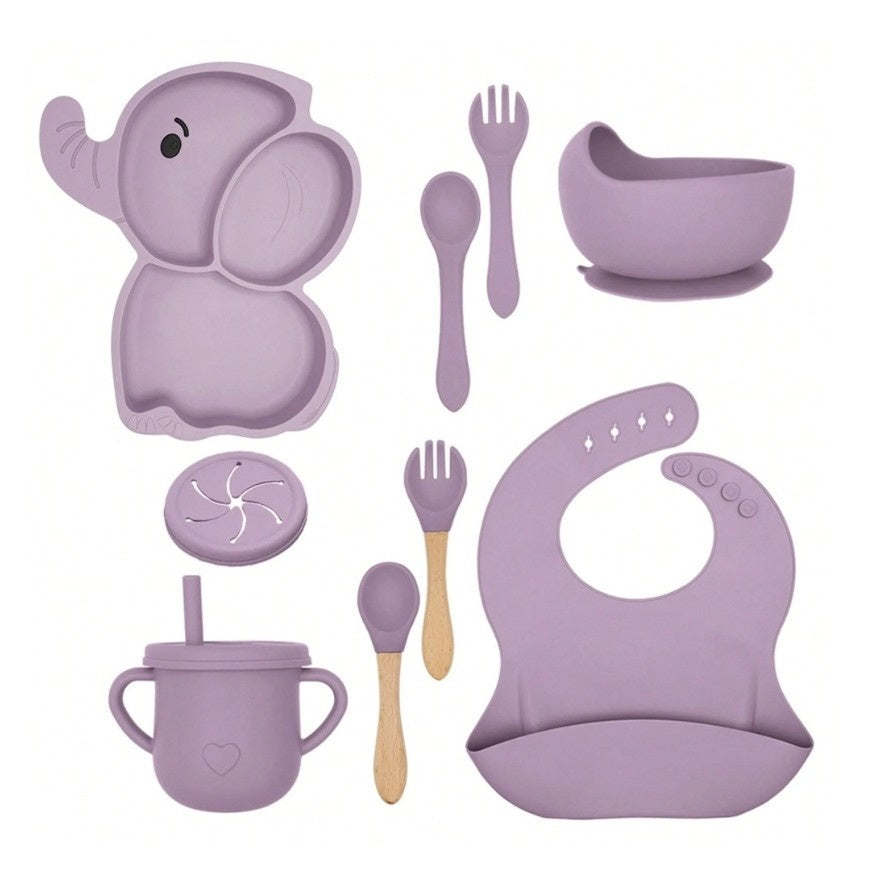 Set 10 Piese Servire Masa. pentru Bebelusi si Copii, din Silicon/Lemn, cu Ventuze Anti-alunecare, fara Alergeni. +6 Luni, Model Elefant, Mov