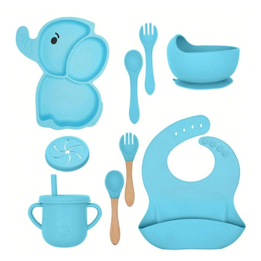 Set 10 Piese Servire Masa. pentru Bebelusi si Copii, din Silicon/Lemn, cu Ventuze Anti-alunecare, fara Alergeni. +6 Luni, Model Elefant