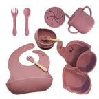 Set 10 Piese Servire Masa. pentru Bebelusi si Copii, din Silicon/Lemn, cu Ventuze Anti-alunecare, fara Alergeni. +6 Luni, Model Elefant, Maro