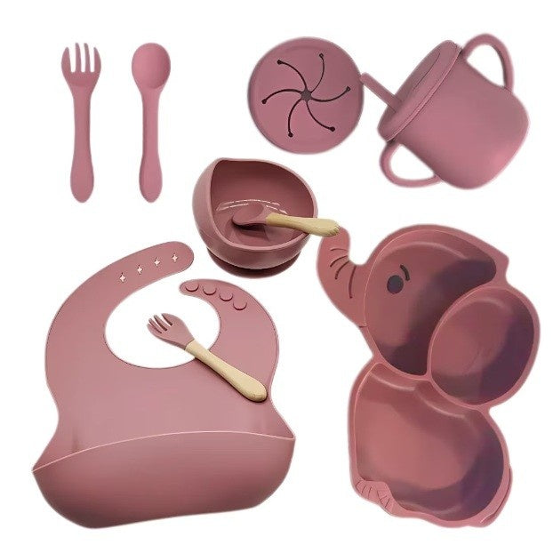 Set 10 Piese Servire Masa. pentru Bebelusi si Copii, din Silicon/Lemn, cu Ventuze Anti-alunecare, fara Alergeni. +6 Luni, Model Elefant, Maro