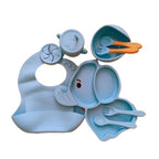 Set 10 Piese Servire Masa. pentru Bebelusi si Copii, din Silicon/Lemn, cu Ventuze Anti-alunecare, fara Alergeni. +6 Luni, Model Elefant, Albastru Deschis