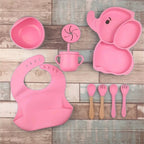 Set 10 Piese Servire Masa. pentru Bebelusi si Copii, din Silicon/Lemn, cu Ventuze Anti-alunecare, fara Alergeni. +6 Luni, Model Elefant, Roz