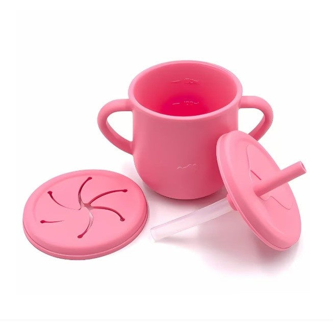 Set 10 Piese Servire Masa. pentru Bebelusi si Copii, din Silicon/Lemn, cu Ventuze Anti-alunecare, fara Alergeni. +6 Luni, Model Elefant, Roz