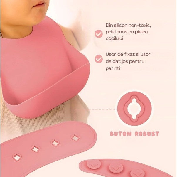 Set 10 Piese Servire Masa. pentru Bebelusi si Copii, din Silicon/Lemn, cu Ventuze Anti-alunecare, fara Alergeni. +6 Luni, Model Elefant, Roz